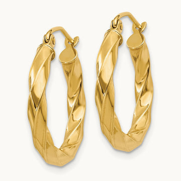 Square Tube Twisted Hoop Earrings — 14K Yellow Gold, 20mm, 3mm