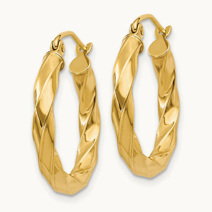 Square Tube Twisted Hoop Earrings — 14K Yellow Gold, 20mm, 3mm