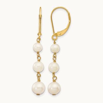 4- White Semi-round FW Cultured Pearl Graduated Leverback Earrings, 6mm, 14K