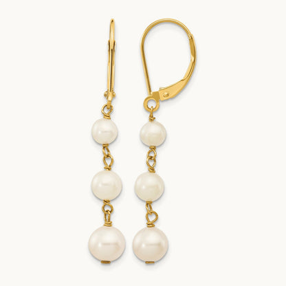 4- White Semi-round FW Cultured Pearl Graduated Leverback Earrings, 6mm, 14K