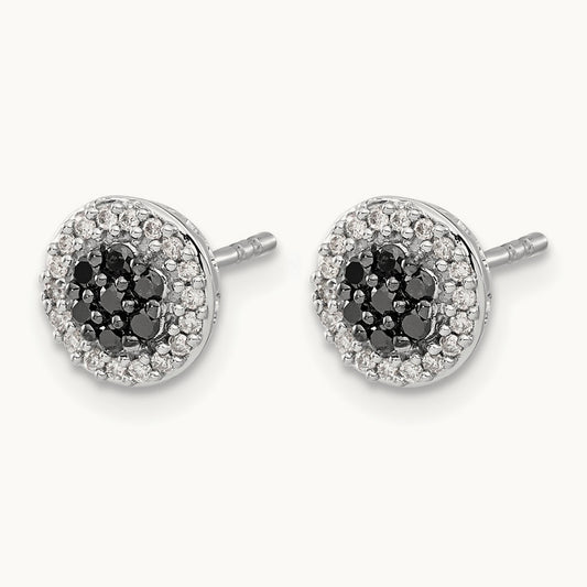 Black/White Diamond Cluster Post Earrings, 14K White Gold