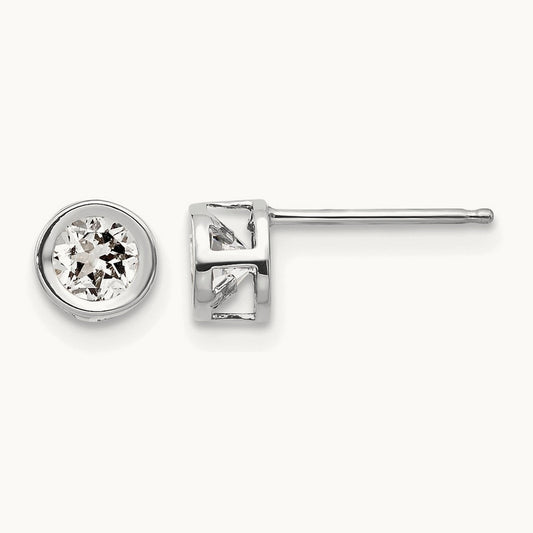 Bezel April/White Topaz Post Earrings, 4mm, 14K White Gold