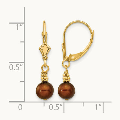 5- Brown Semi-round FW Cultured Pearl Leverback Earrings, 6mm, 14K