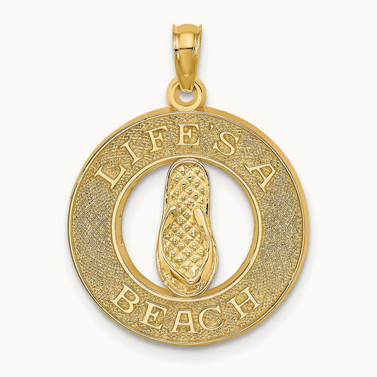 LIFES A BEACH Circle W/Flip-Flop Charm, 14K