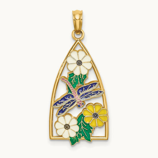 Enamel Dragonfly and Flowers Triangle Charm, 14K