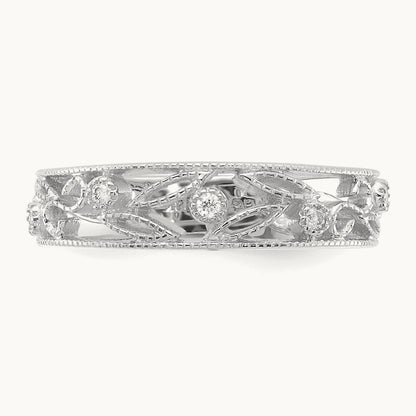 Flower Vine Design Diamond Ring — 14K White Gold, 6