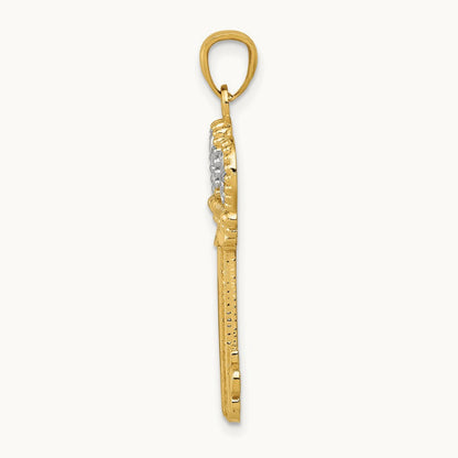 w/White Rhodium Polished Fleur De Lis Crown Key Charm, 14K