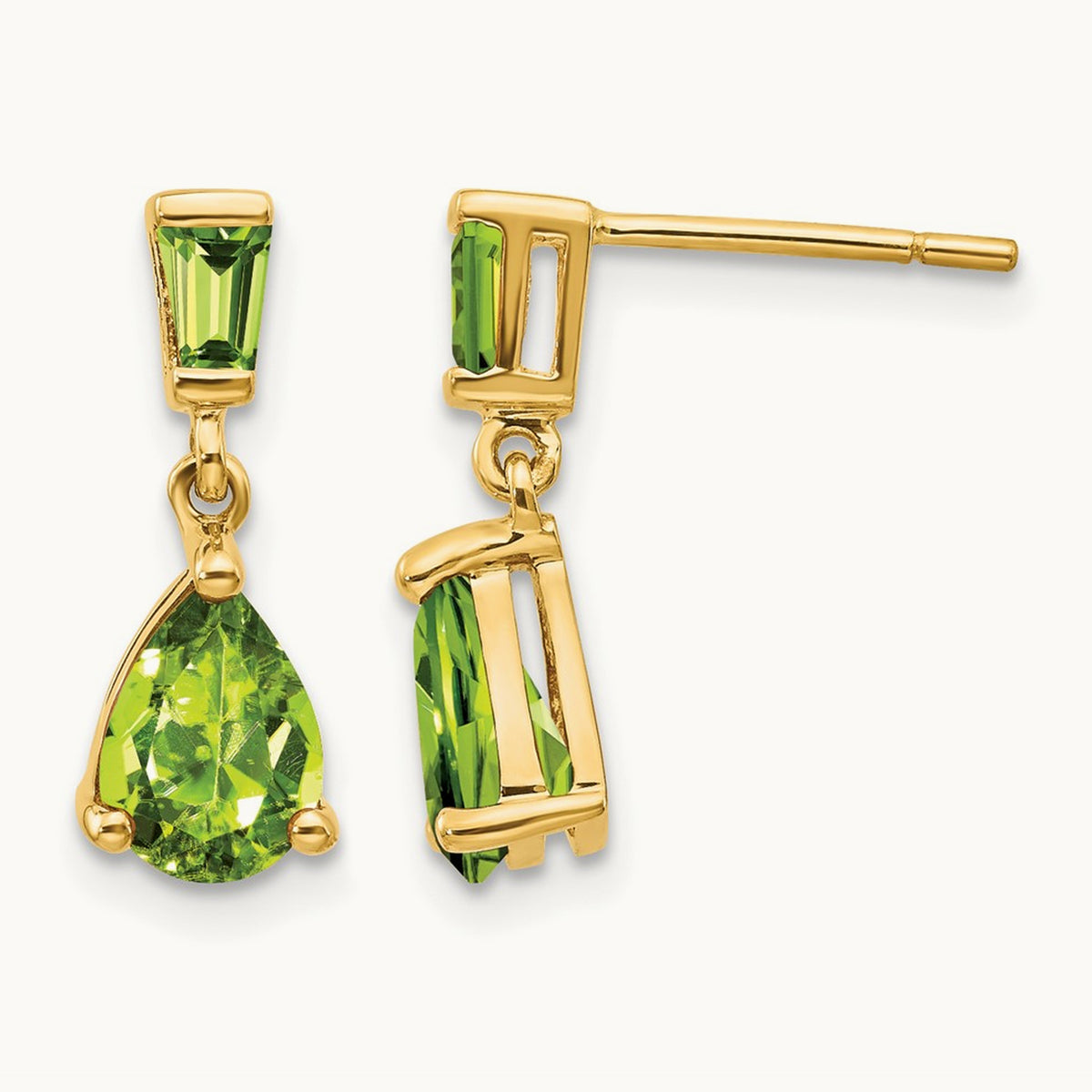 Peridot Dangle Post Earrings — 14K Yellow Gold, 15mm