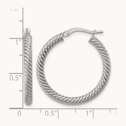 Twisted Round Hoop Earrings — 14K White Gold, 3x26mm
