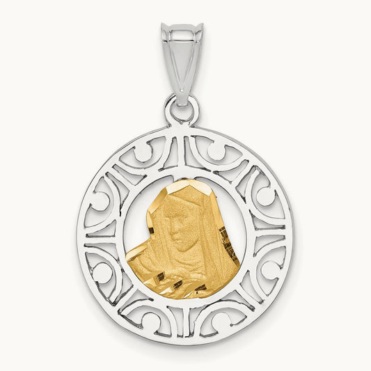 Brushed & Polished Virgin D/C Mary Pendant, 14K Two-tone