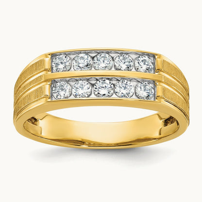 Men's Polished Satin Grooved 2-Row Diamond Ring — 14K Yellow Gold