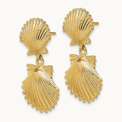 Double Scallop Shell Dangle Earrings, 14K