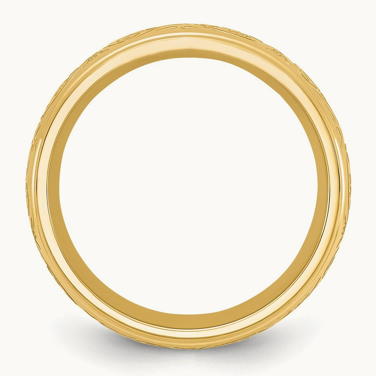 Polished Yellow IP Etched Design Ridged Edge Band, 7.5mm, Stainless Steel