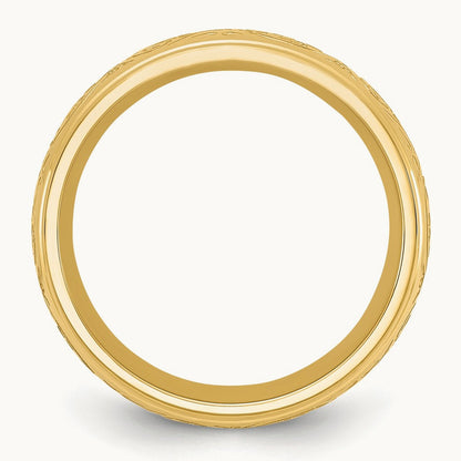 Polished Yellow IP Etched Design Ridged Edge Band, 7.5mm, Stainless Steel