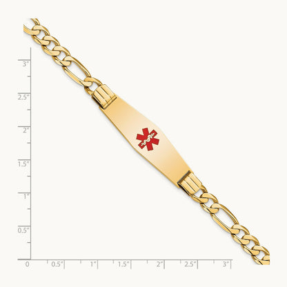 Medical Soft Diamond Shape Red Enamel Flat Figaro Link ID Bracelet, 14K