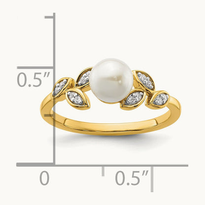 Polished Diamond and Pearl Leaf Fashion Ring, 14K