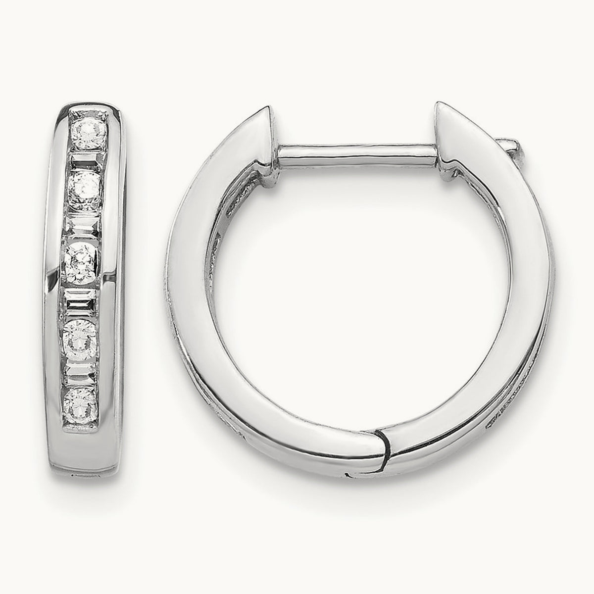 Round/Baguette Diamond Hinged Hoop Earrings — 14K White Gold
