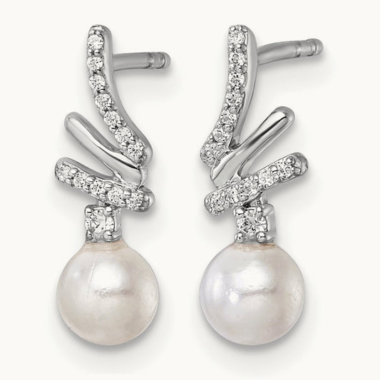 Polished Diamond and Pearl Drop Post Earrings — 14K White Gold
