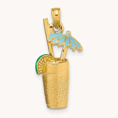 3-D Cocktail Drink w/ Enamel Umbrella and Lime Charm, 14K