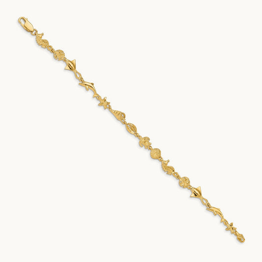 Polished and Textured Ocean Motif 7 inch Bracelet, 14K