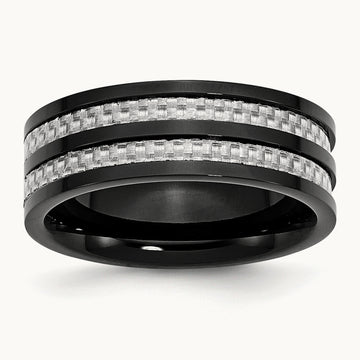 Stainless Steel Polished Black IP-plated Grey Carbon Fiber Inlay 8mm Band