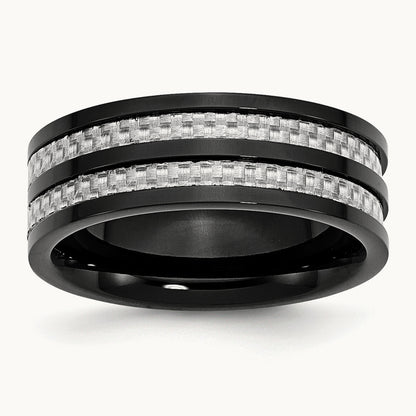 Stainless Steel Polished Black IP-plated Grey Carbon Fiber Inlay 8mm Band