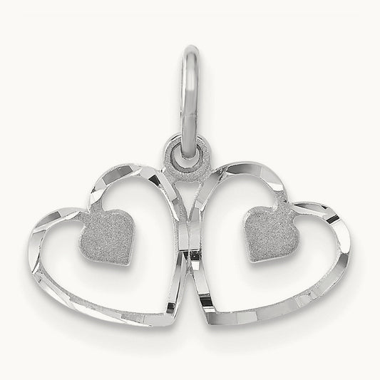 Satin And Diamond-cut Double Heart Charm, 14K White Gold