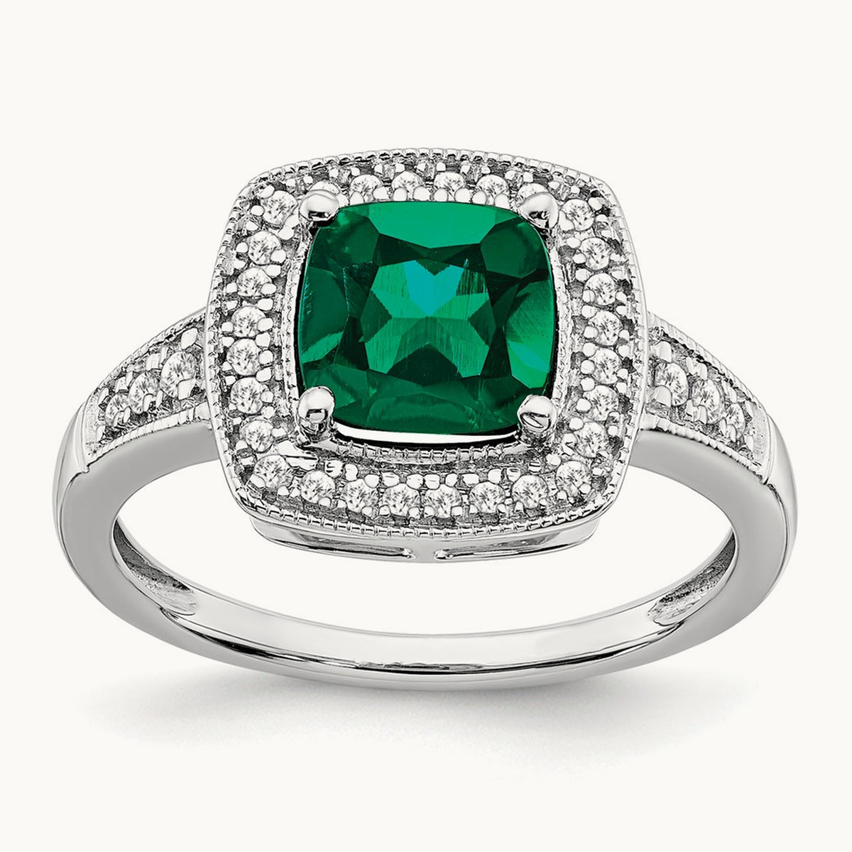 Cushion Created Emerald and Diamond Halo Ring, 14K White Gold