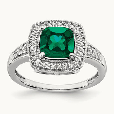 Cushion Created Emerald and Diamond Halo Ring, 14K White Gold