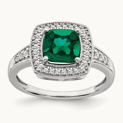Cushion Created Emerald and Diamond Halo Ring, 14K White Gold