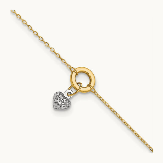 Circle with Diamond Cut Puff Heart 9in Plus 1in ext Anklet, 14K Two-tone