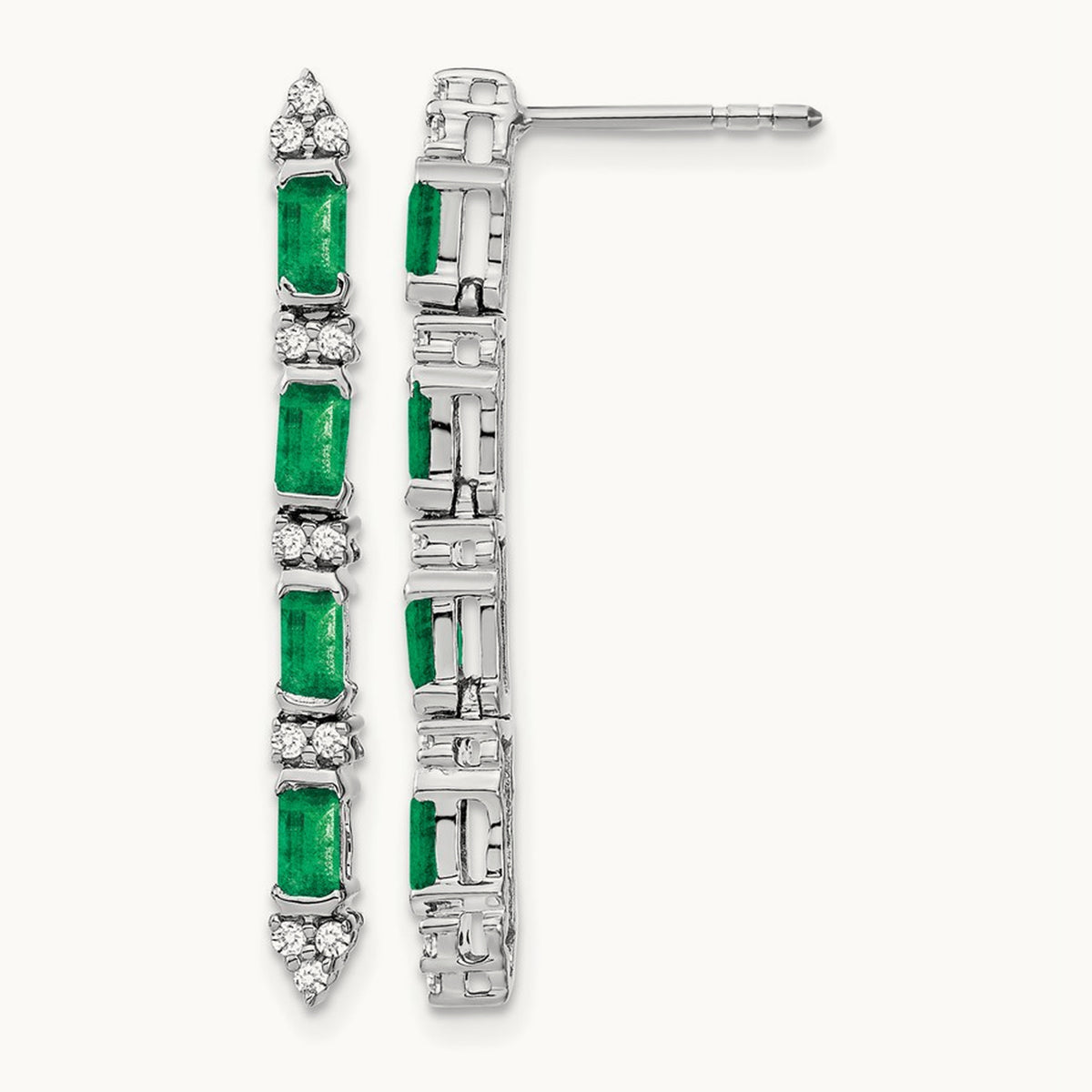 Emerald and Diamond 4-stone Dangle Earrings, 14K White Gold