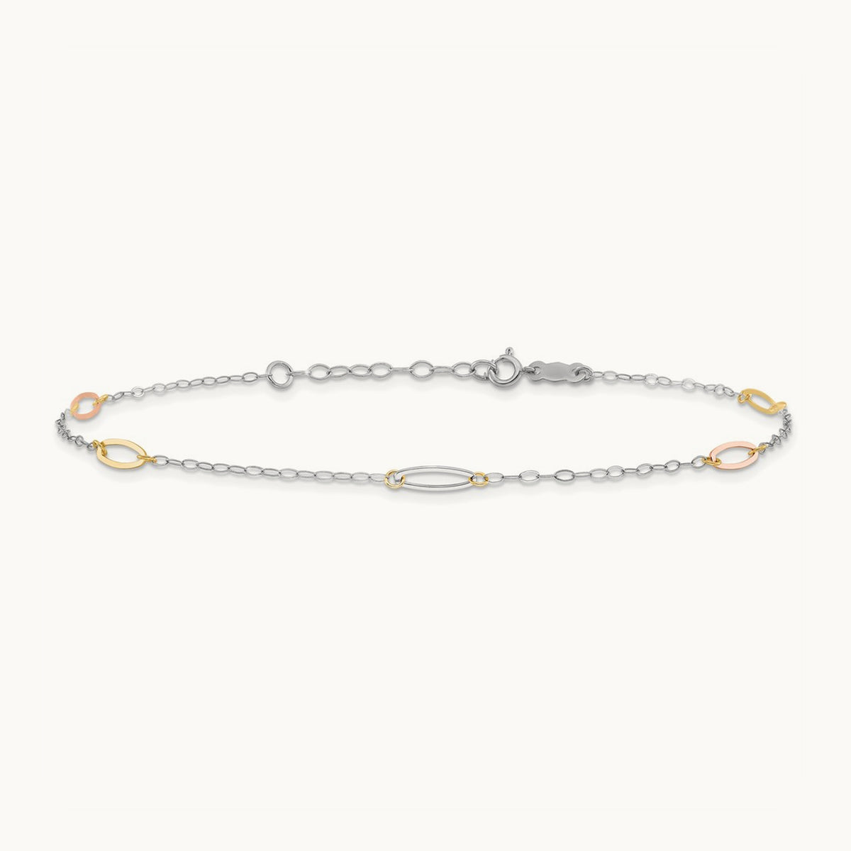Tri-color Oval Link 9in Plus 1in Ext. Anklet, 14K