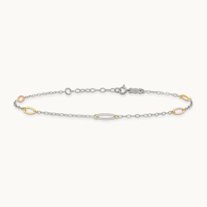Tri-color Oval Link 9in Plus 1in Ext. Anklet, 14K