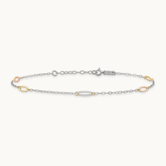 Tri-color Oval Link 9in Plus 1in Ext. Anklet, 14K
