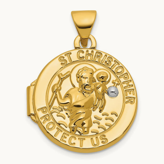 & Rhodium Polished St. Christopher Protect Us Round Locket, 16mm, 14K