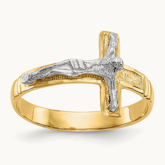 Polished Diamond-Cut Mens Crucifix Ring, 14K Two-tone