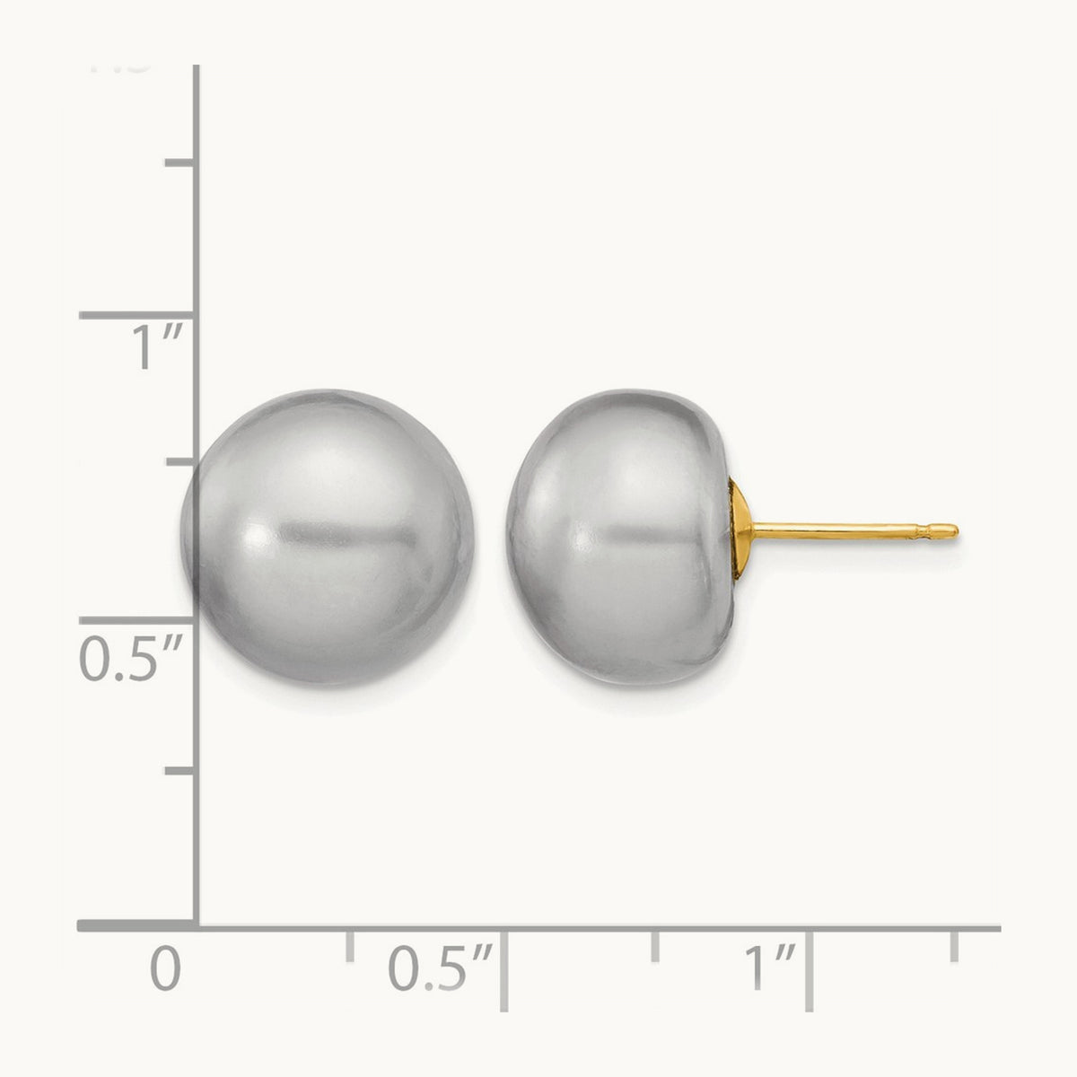 12- Grey Button FW Cultured Pearl Stud Post Earrings, 13mm, 14K