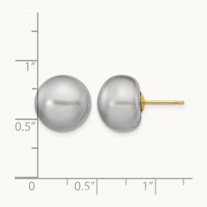 12- Grey Button FW Cultured Pearl Stud Post Earrings, 13mm, 14K