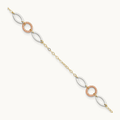 Tri-color Circle and Oval 9in Plus 1in ext. Anklet, 14K