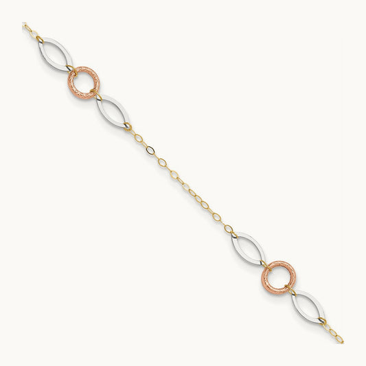 Tri-color Circle and Oval 9in Plus 1in ext. Anklet, 14K
