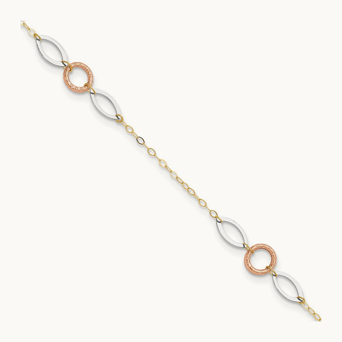 Tri-color Circle and Oval 9in Plus 1in ext. Anklet, 14K