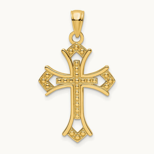 Polished Beaded Cross Pendant, 14K
