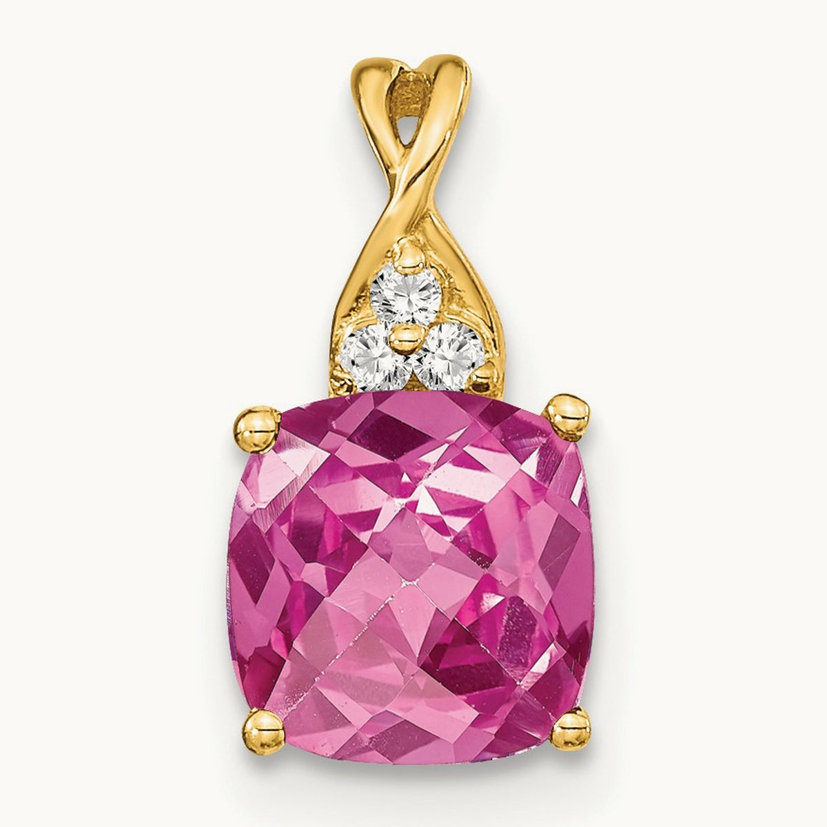 Checkerboard Created Pink Sapphire and Diamond Pendant, 14K