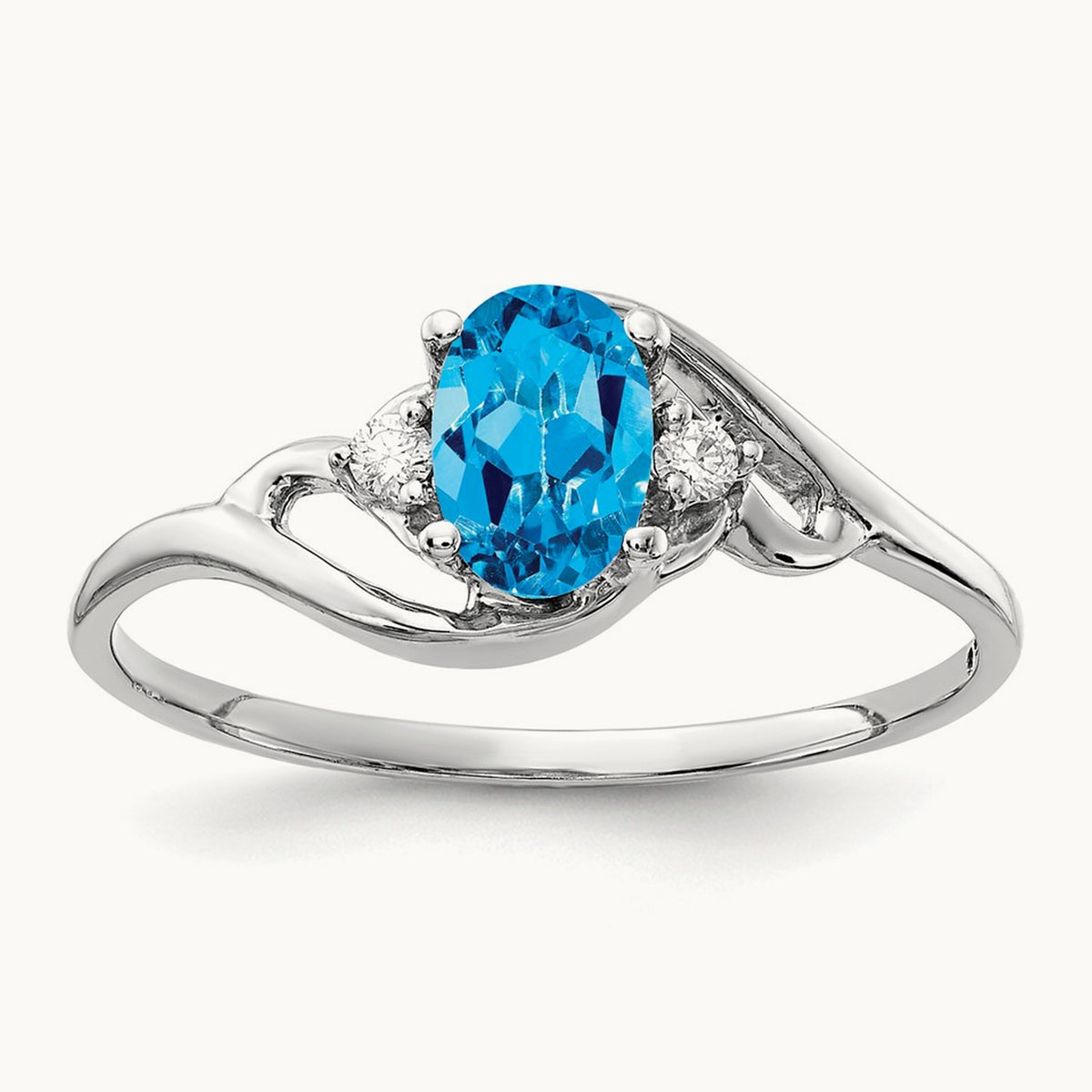 6x4mm Oval Blue Topaz AA Diamond ring, 14K White Gold