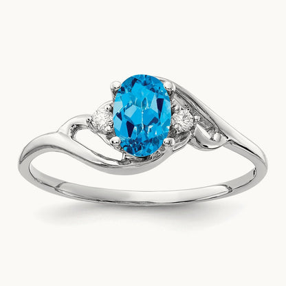 6x4mm Oval Blue Topaz AA Diamond ring, 14K White Gold