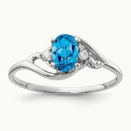 6x4mm Oval Blue Topaz AA Diamond ring, 14K White Gold