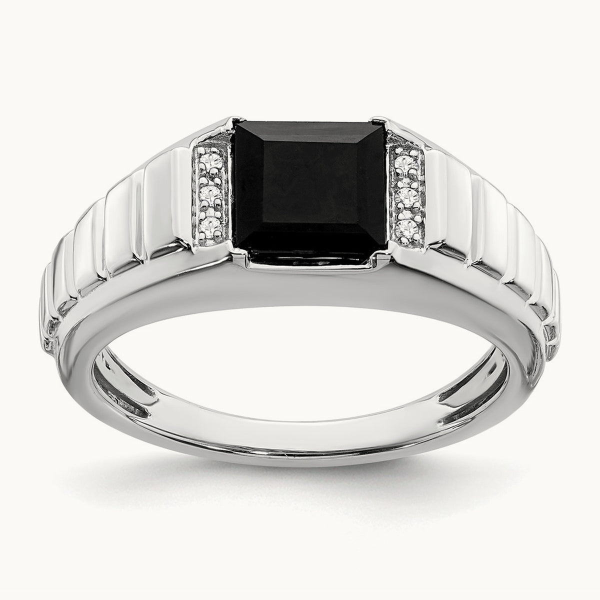 Square Onyx and Diamond Men's Ring — 14K White Gold