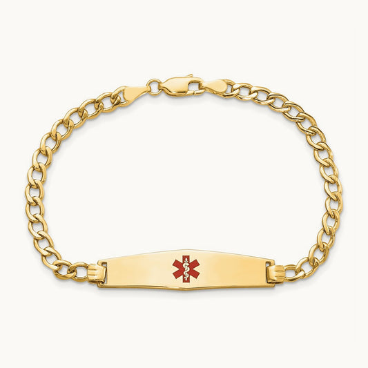 Semi-solid Medical Soft Diamond Shape Red Enamel Curb Link ID Bracelet, 14K