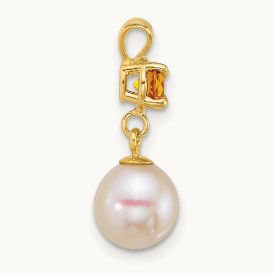 7- Round White FWC Pearl and Citrine Pendant, 8mm, 14K